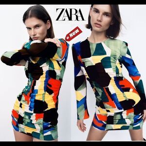 Zara multicoloured printed dress with draping long sleeve ruched Sz S NWT